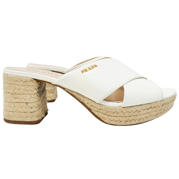Prada Shoes - Prada Sandals Gold Logo Heels White Patent Leather Strap Espadrille EU 39